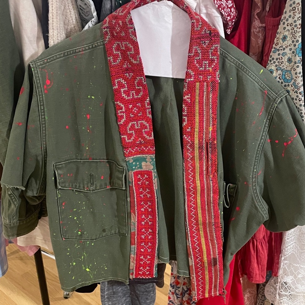 We The Free Olive Utility Jacket with Red Embellishments
